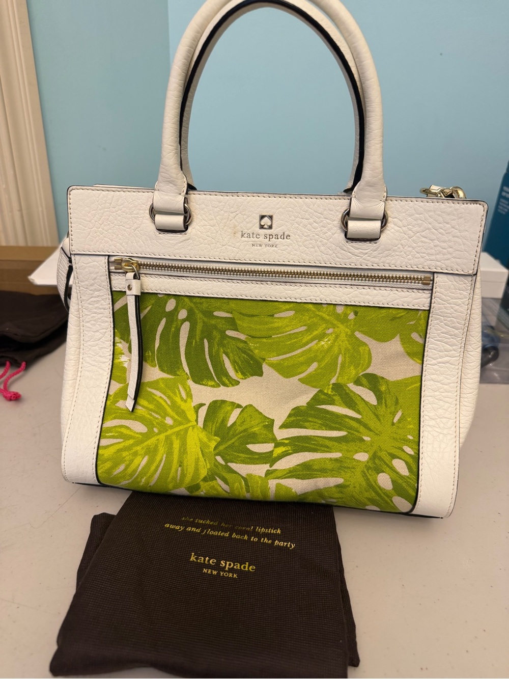 New Kate Spade Perri Lane Romy Satchel White With Green Palm Leaves